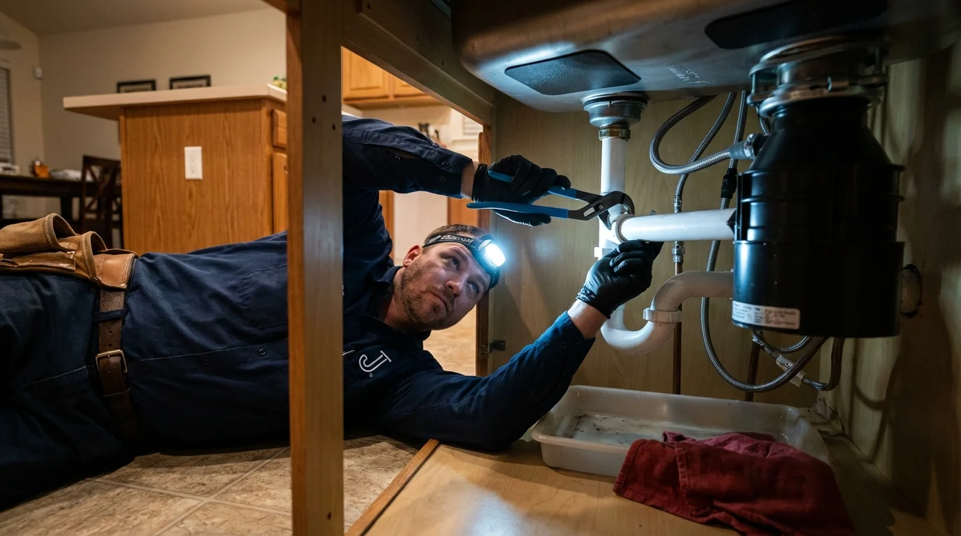 P-trap and supply line connections under a kitchen sink showing a common leak point in Hyden, KY